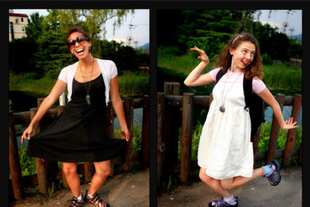 2 girls in dresses making silly faces