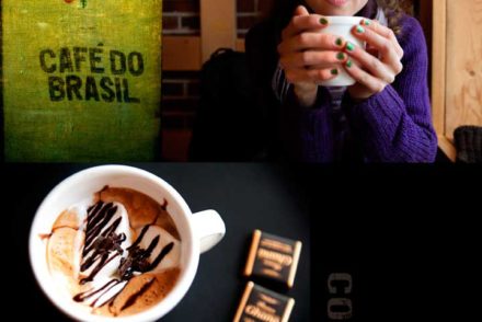 Composite of girl holding coffee mug, and a top down photo of artisanal coffee