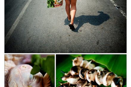Composite photo of person walking away, some mushrooms, and food prep